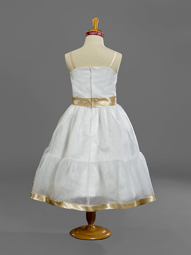 A-Line Spaghetti Strap Tea Length Organza Princess Junior Bridesmaid Dress With Sash / Ribbon for Spring / Summer / Fall / Winter / Apple-BallBride