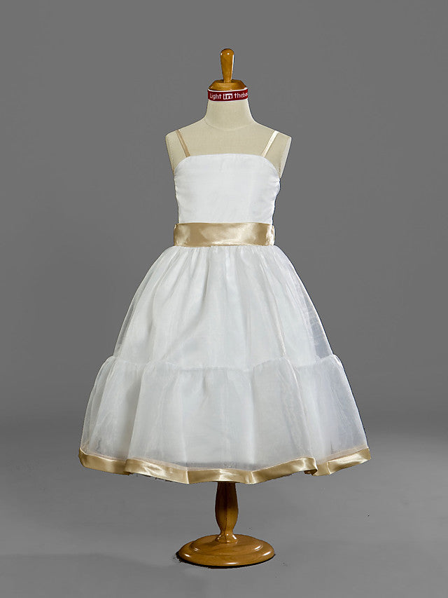 A-Line Spaghetti Strap Tea Length Organza Princess Junior Bridesmaid Dress With Sash / Ribbon for Spring / Summer / Fall / Winter / Apple-BallBride