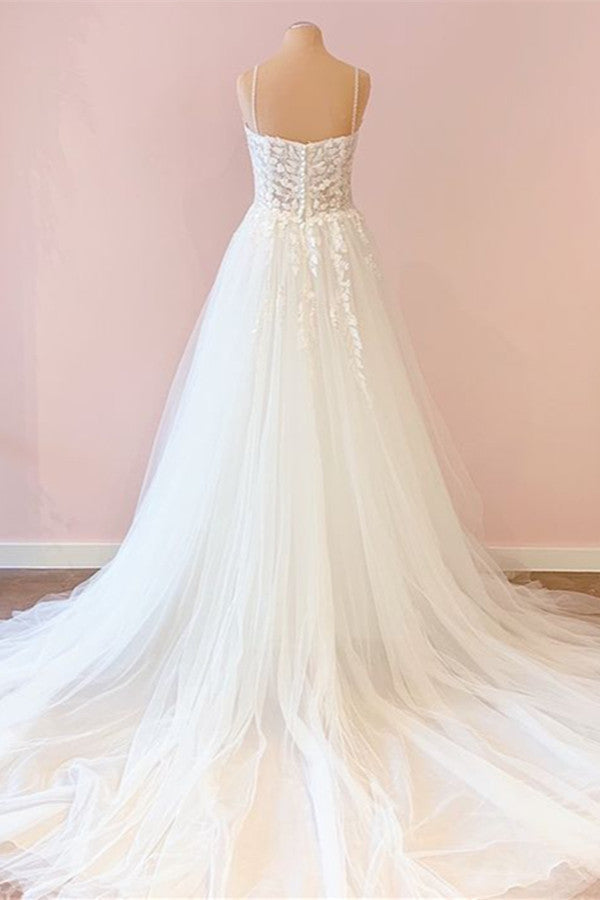 A-Line Spaghetti Straps Sweetheart Tulle Wedding Dress With Appliques Lace-BallBride