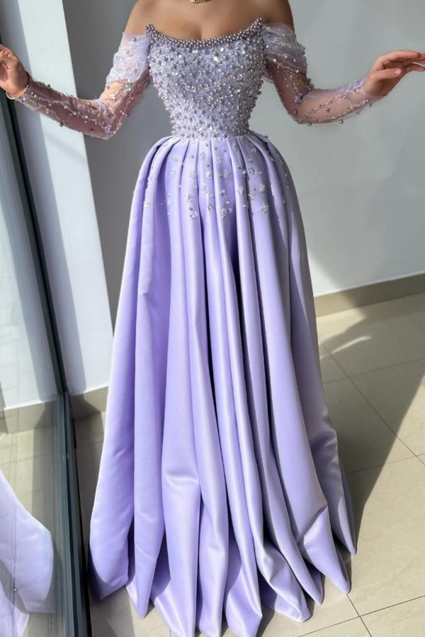 A-line Strapless Illusion Long Sleeves Satin Long Prom Dress with Sequins and Ruffles-BallBride