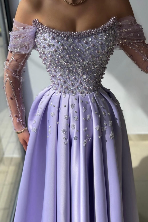 A-line Strapless Illusion Long Sleeves Satin Long Prom Dress with Sequins and Ruffles-BallBride