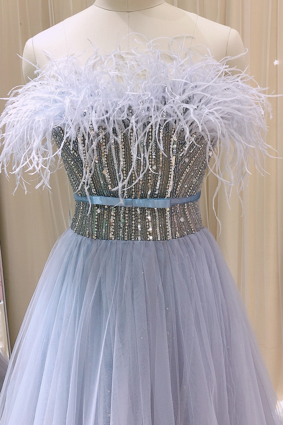 A Line Strapless Prom Dress with Tulle and Feathers Appliques - Amazing!-BallBride