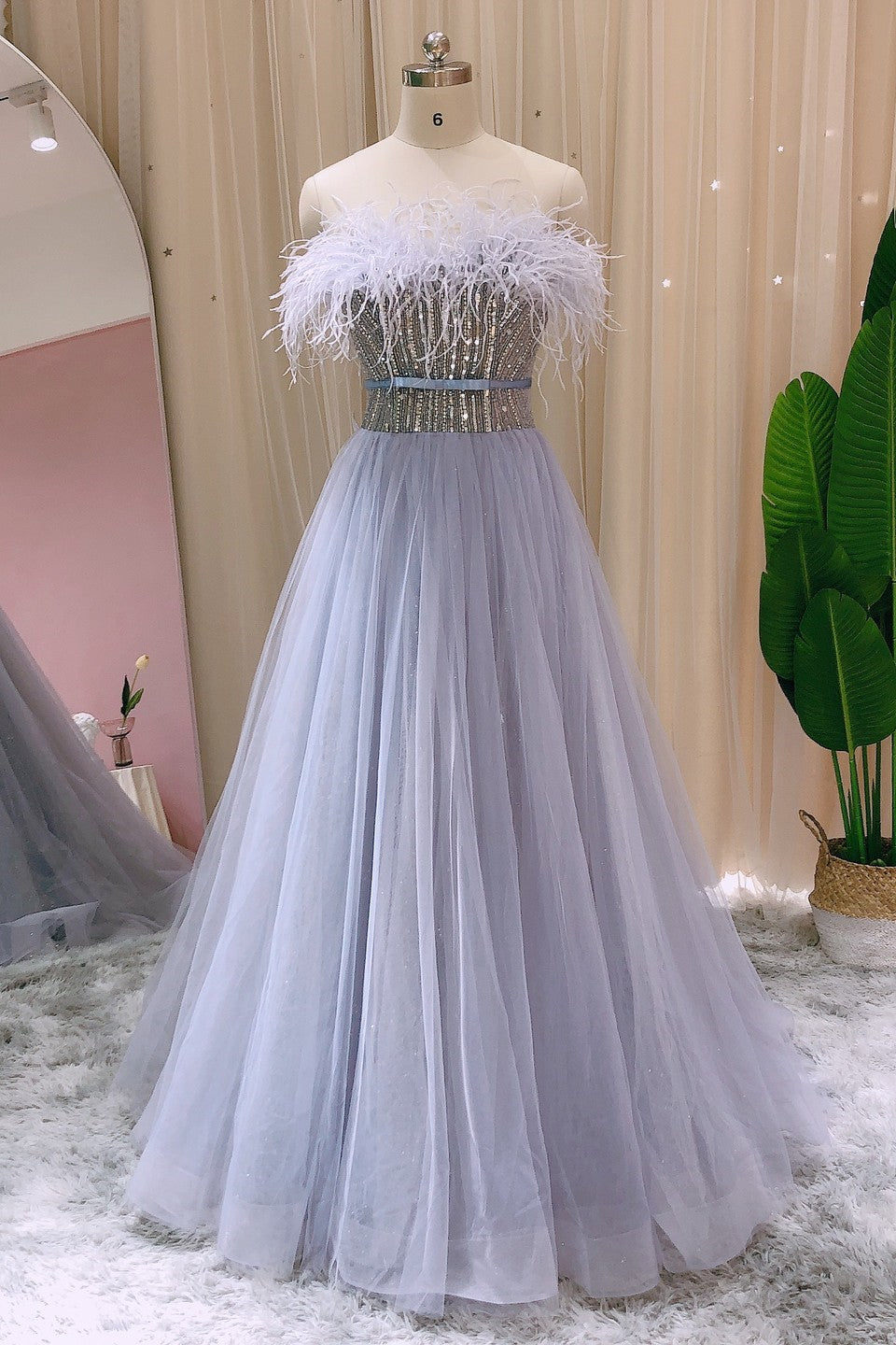A Line Strapless Prom Dress with Tulle and Feathers Appliques - Amazing!-BallBride