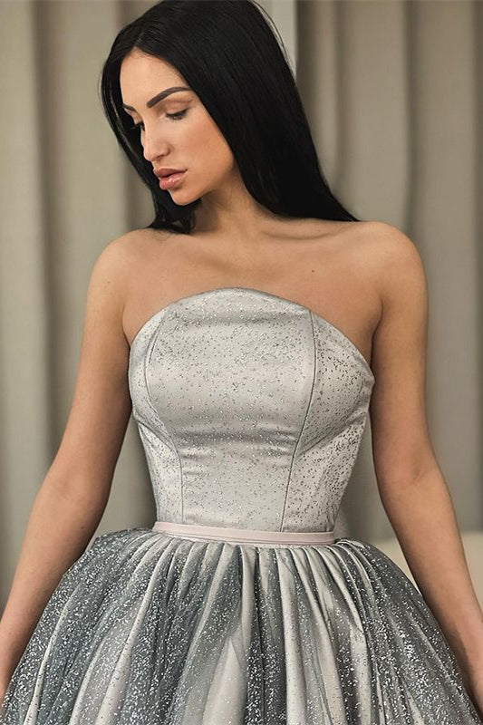 A-Line Strapless Silver Prom Dress with Sequins-BallBride