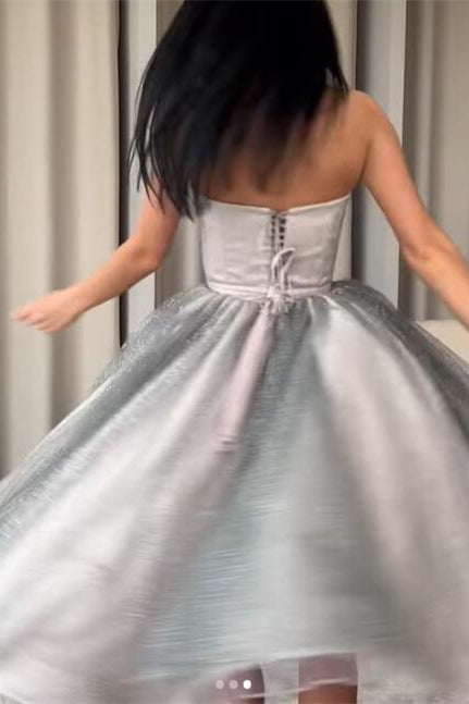 A-Line Strapless Silver Prom Dress with Sequins-BallBride