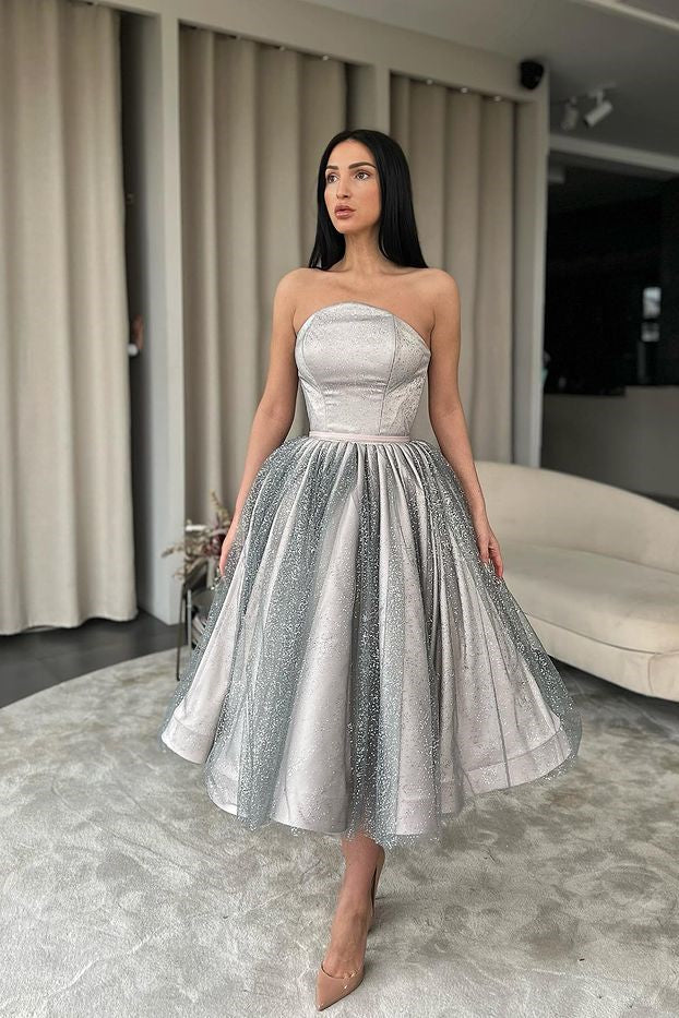 A-Line Strapless Silver Prom Dress with Sequins-BallBride