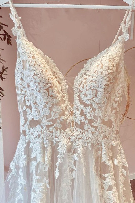 A-Line Sweetheart Appliques Lace Floor-length Wedding Dress with Ruffles Tulle-BallBride
