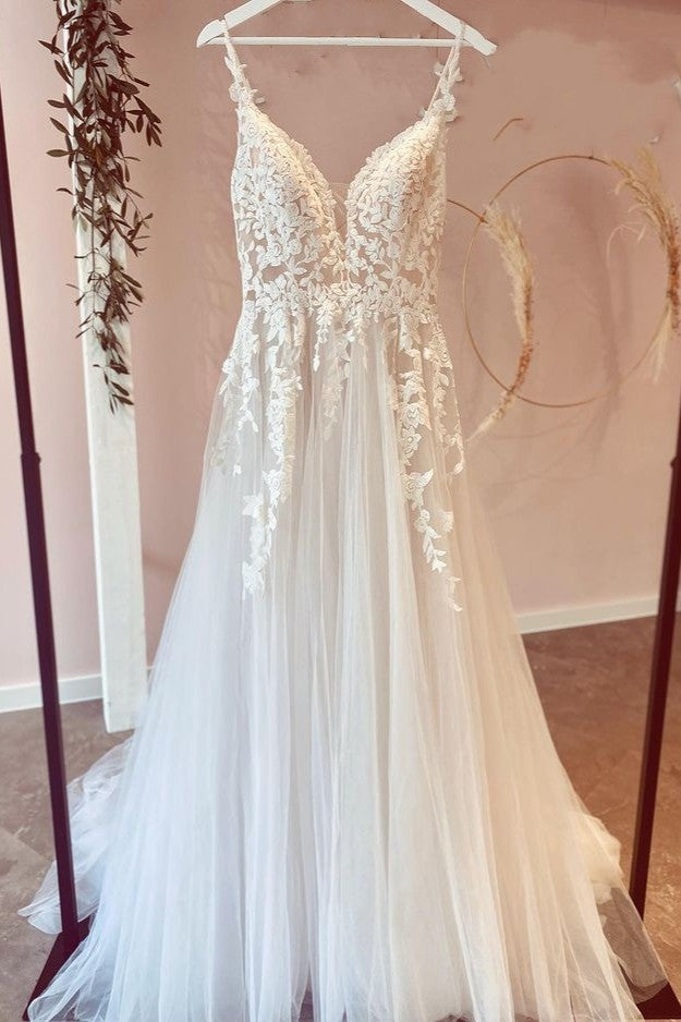 A-Line Sweetheart Appliques Lace Floor-length Wedding Dress with Ruffles Tulle-BallBride