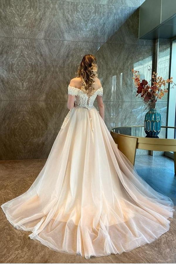A-Line Sweetheart Off-the-Shoulder Backless Wedding Dress with Tulle Appliques Lace-BallBride