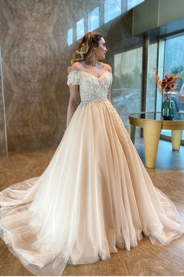 A-Line Sweetheart Off-the-Shoulder Backless Wedding Dress with Tulle Appliques Lace-BallBride