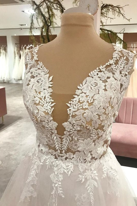 A-Line Sweetheart Tulle Floor-length Wedding Dress With Appliques Lace-BallBride
