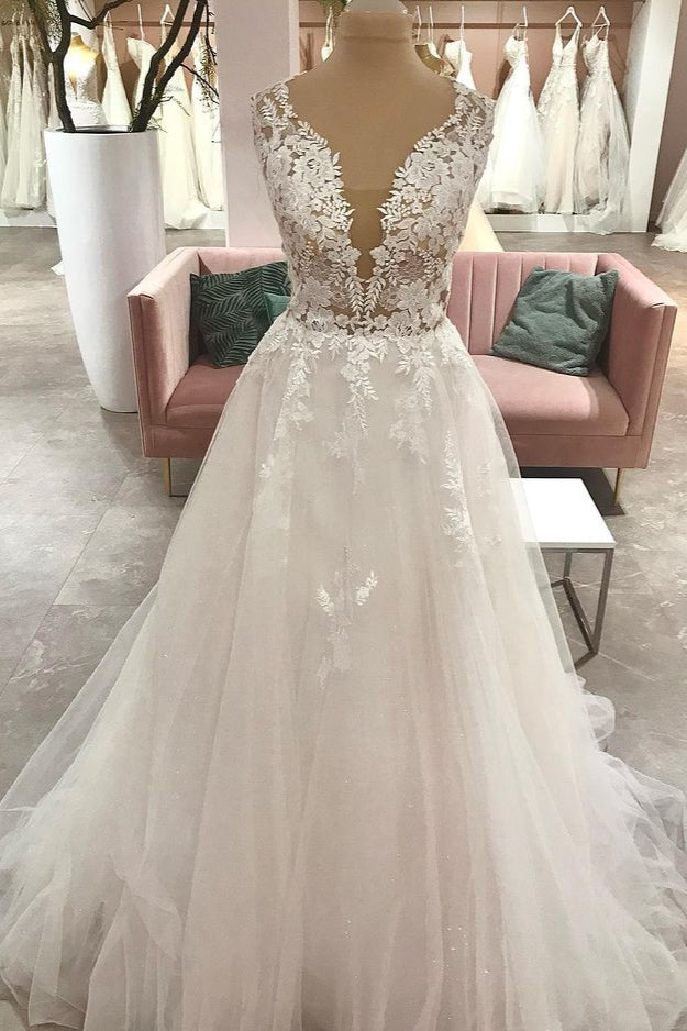 A-Line Sweetheart Tulle Floor-length Wedding Dress With Appliques Lace-BallBride