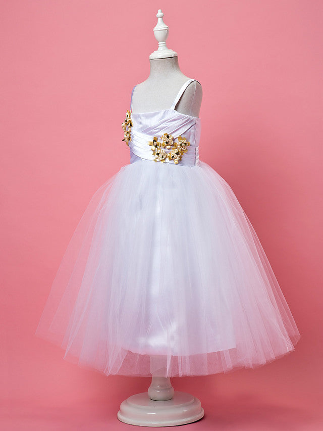 A-Line Tea Length Sleeveless Spaghetti Strap Flower Girl Dress Tulle Satin With Criss Cross-BallBride