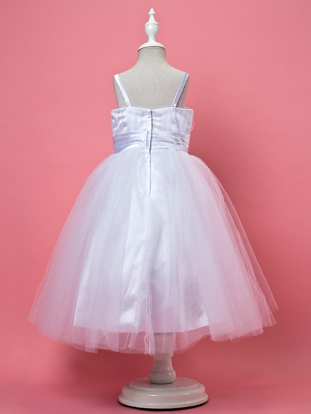 A-Line Tea Length Sleeveless Spaghetti Strap Flower Girl Dress Tulle Satin With Criss Cross-BallBride