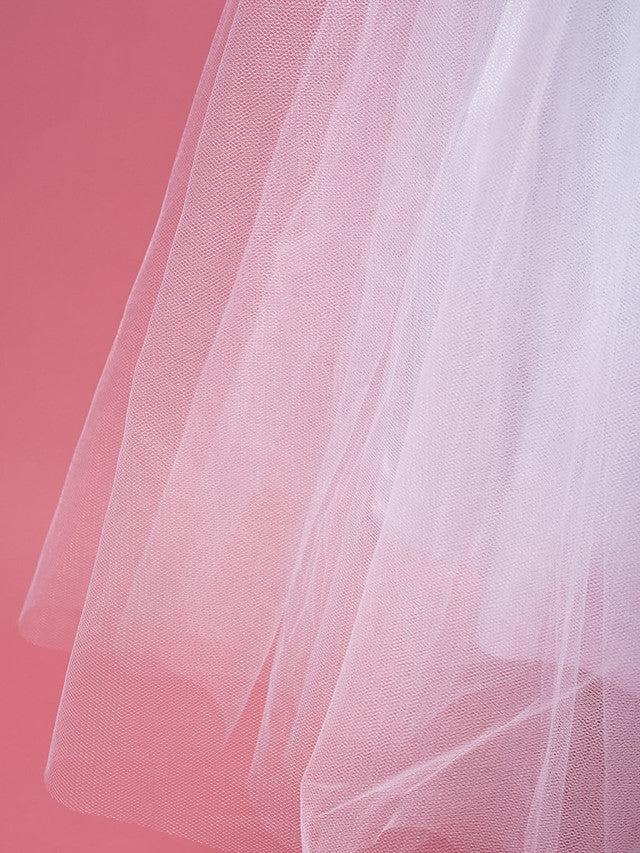 A-Line Tea Length Sleeveless Spaghetti Strap Flower Girl Dress Tulle Satin With Criss Cross-BallBride