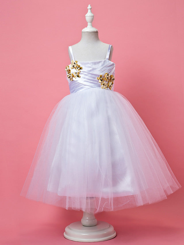A-Line Tea Length Sleeveless Spaghetti Strap Flower Girl Dress Tulle Satin With Criss Cross-BallBride