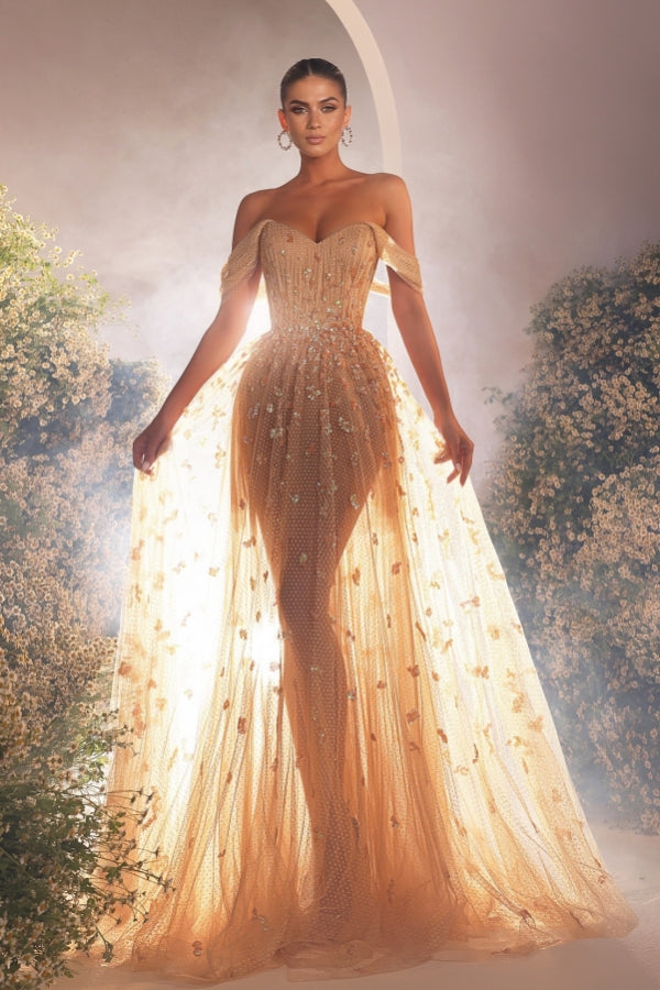 A Line Tulle Off The Shoulder V Neck Floor Length Prom Dress with Sequins-BallBride