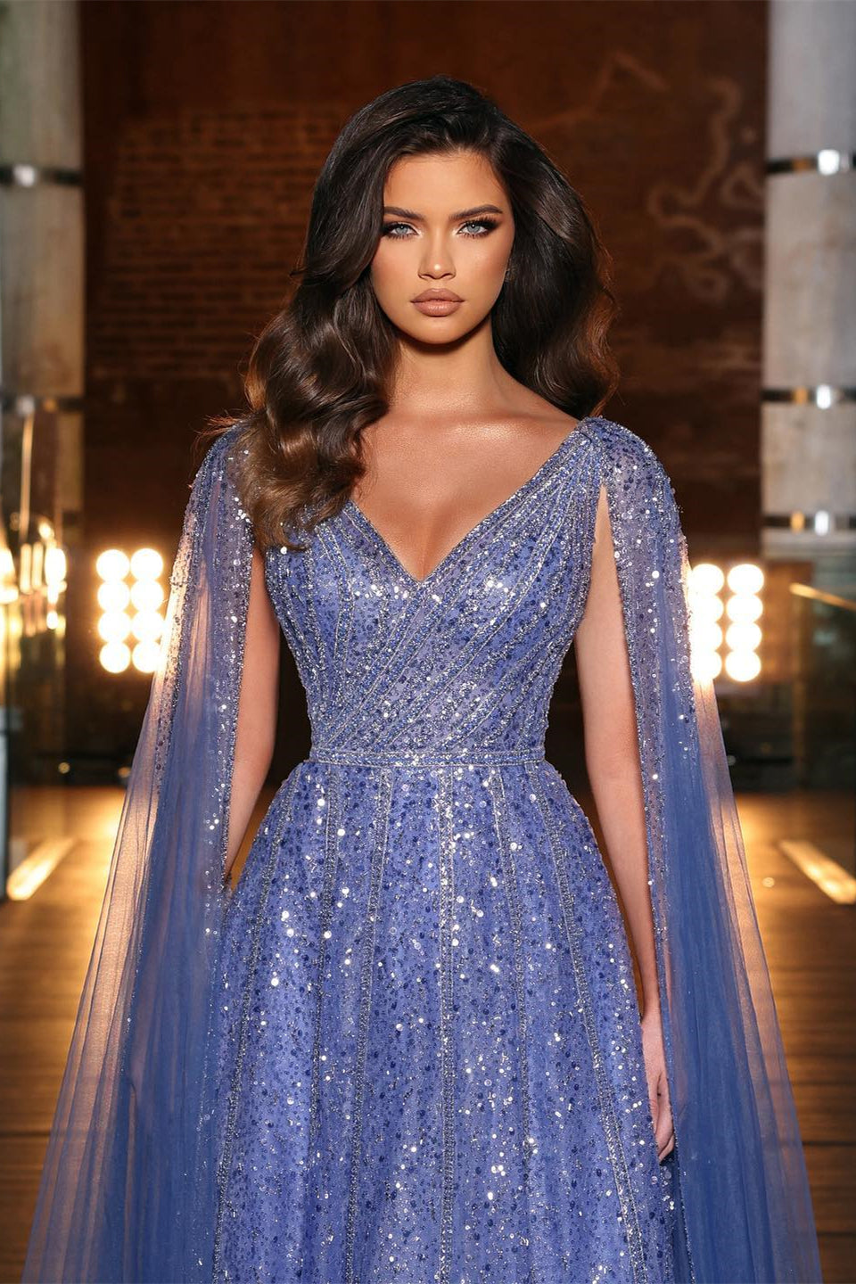 A Line Tulle Prom Dress with Purple V Neck Cap Sleeves and Appliques-BallBride