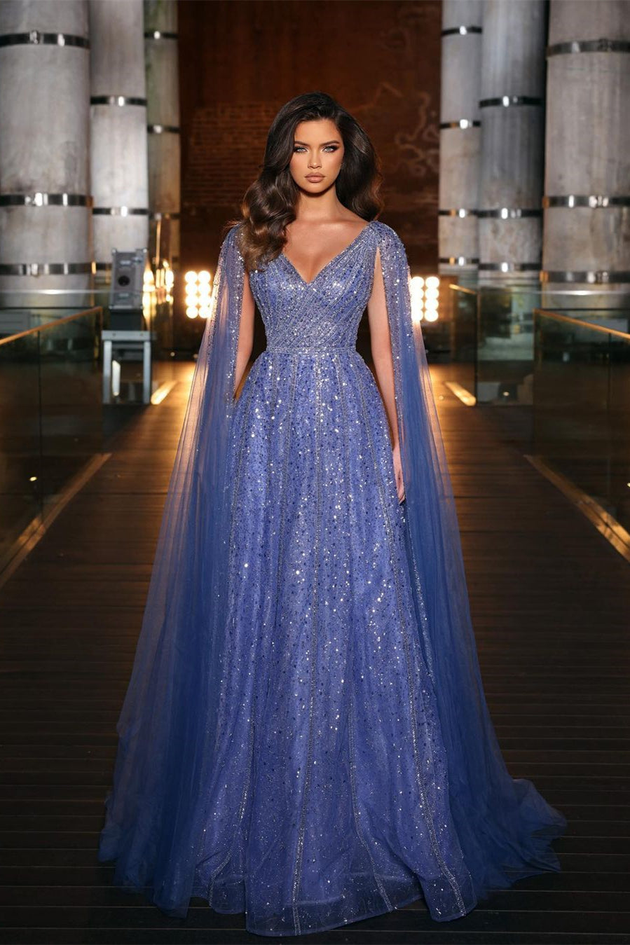 A Line Tulle Prom Dress with Purple V Neck Cap Sleeves and Appliques-BallBride