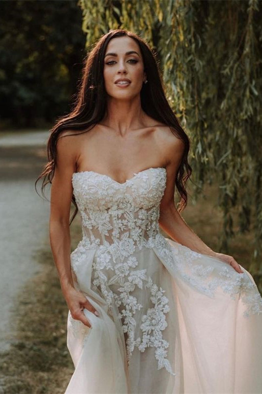 A-Line Tulle Sweetheart Wedding Dress with Lace Appliques-BallBride