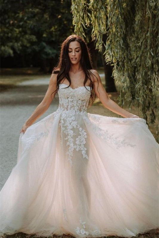 A-Line Tulle Sweetheart Wedding Dress with Lace Appliques-BallBride