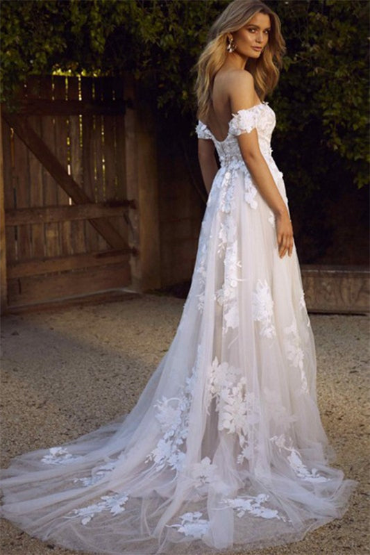 A-Line Tulle Wedding Dress With Lace Appliques - Off-the-Shoulder-BallBride
