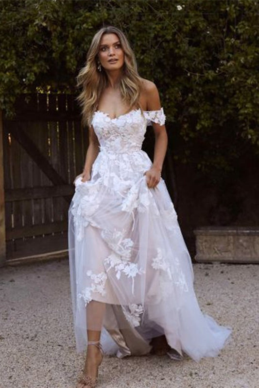 A-Line Tulle Wedding Dress With Lace Appliques - Off-the-Shoulder-BallBride