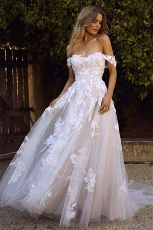 A-Line Tulle Wedding Dress With Lace Appliques - Off-the-Shoulder-BallBride