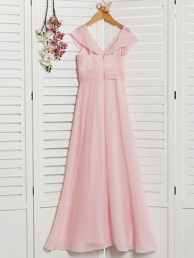 A-Line V Neck Floor Length Chiffon Junior Flower Girl Dress With Ruffles Ruching for Weddings and Parties-BallBride