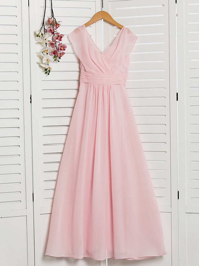 A-Line V Neck Floor Length Chiffon Junior Flower Girl Dress With Ruffles Ruching for Weddings and Parties-BallBride