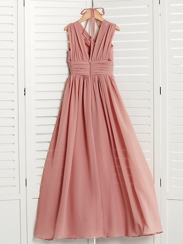 A-Line V Neck Flower Girl Dress with Pleats Ruching and Maxi Chiffon-BallBride