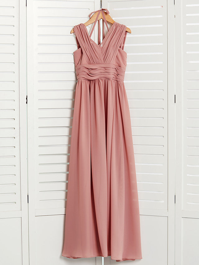 A-Line V Neck Flower Girl Dress with Pleats Ruching and Maxi Chiffon-BallBride