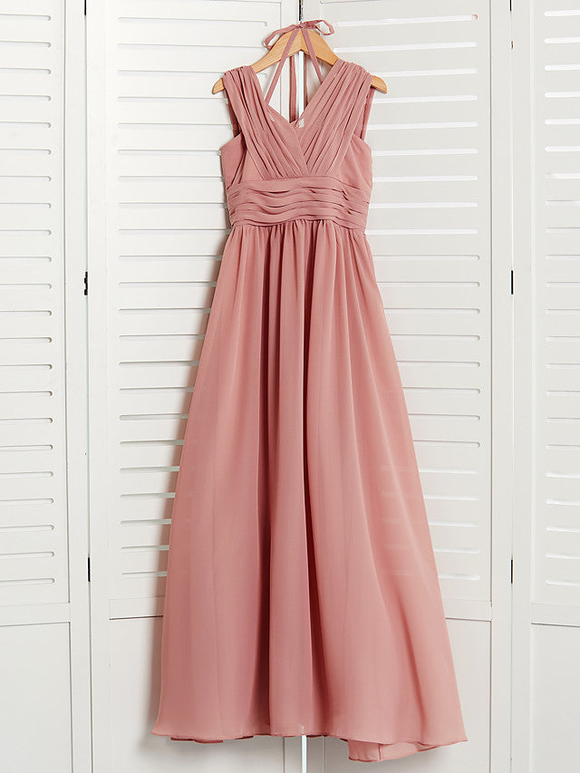 A-Line V Neck Flower Girl Dress with Pleats Ruching and Maxi Chiffon-BallBride