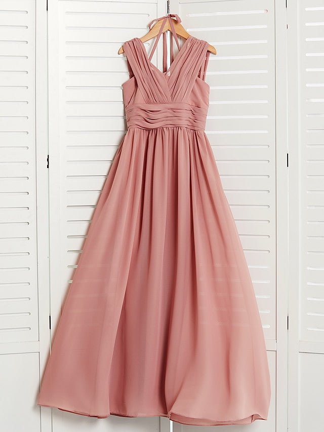 A-Line V Neck Flower Girl Dress with Pleats Ruching and Maxi Chiffon-BallBride