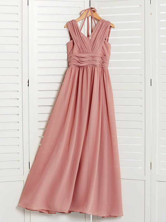 A-Line V Neck Flower Girl Dress with Pleats Ruching and Maxi Chiffon-BallBride