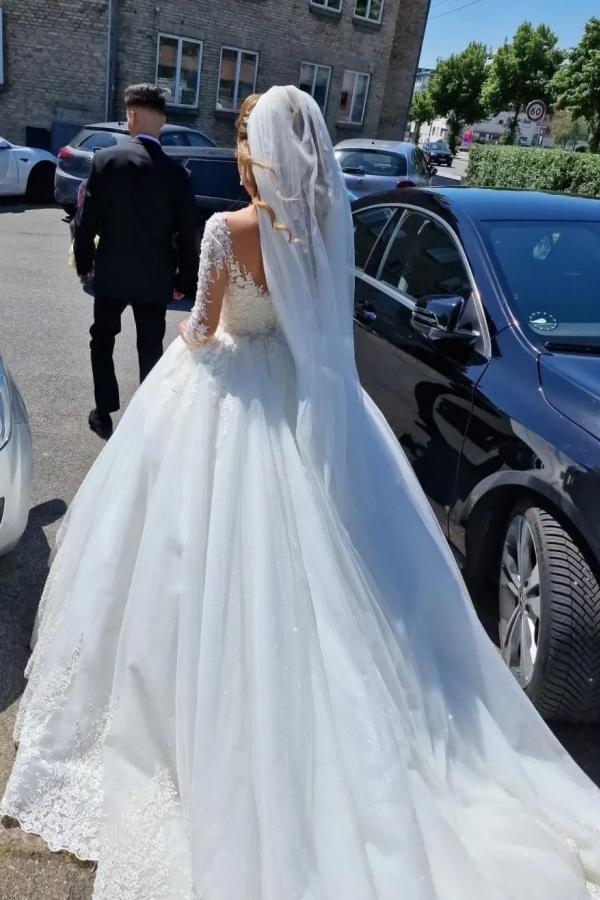 A-line V-neck Long Sleeve Lace Wedding Dress in Gorgeous White-BallBride