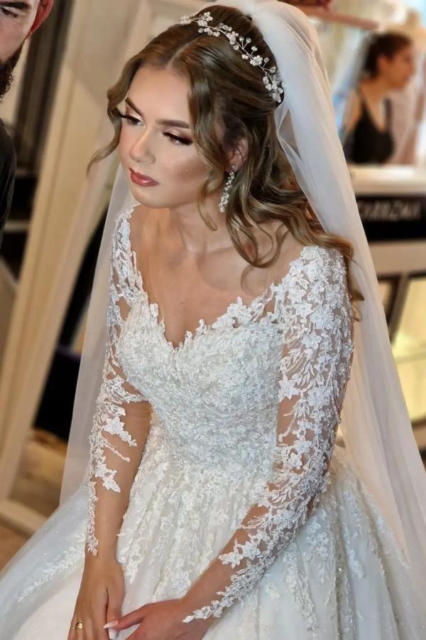 A-line V-neck Long Sleeve Lace Wedding Dress in Gorgeous White-BallBride