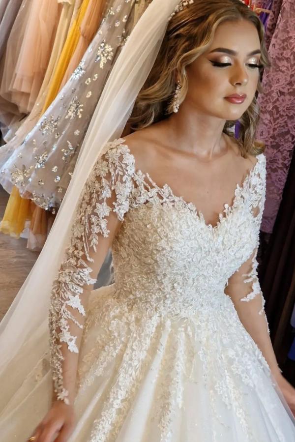 A-line V-neck Long Sleeve Lace Wedding Dress in Gorgeous White-BallBride