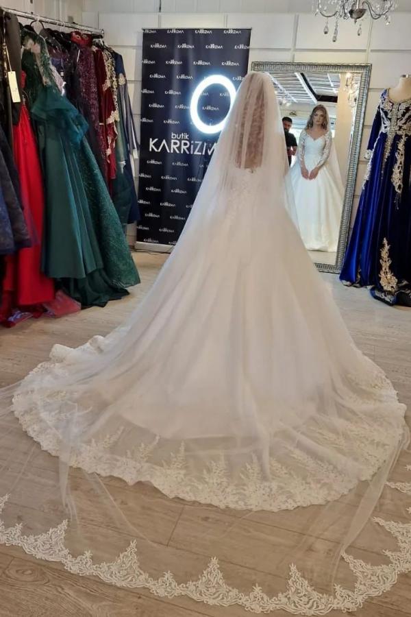 A-line V-neck Long Sleeve Lace Wedding Dress in Gorgeous White-BallBride