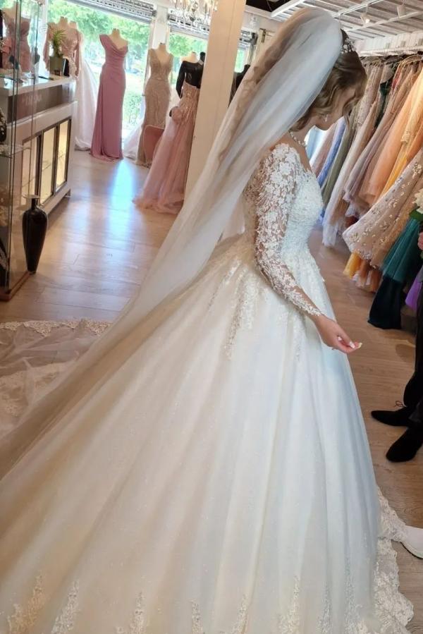 A-line V-neck Long Sleeve Lace Wedding Dress in Gorgeous White-BallBride