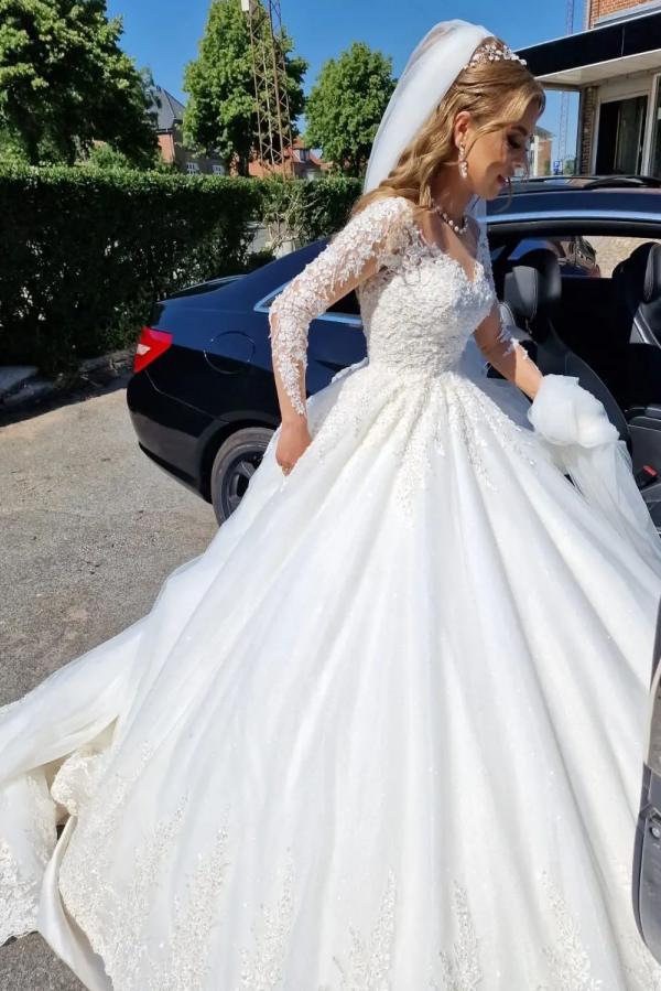 A-line V-neck Long Sleeve Lace Wedding Dress in Gorgeous White-BallBride