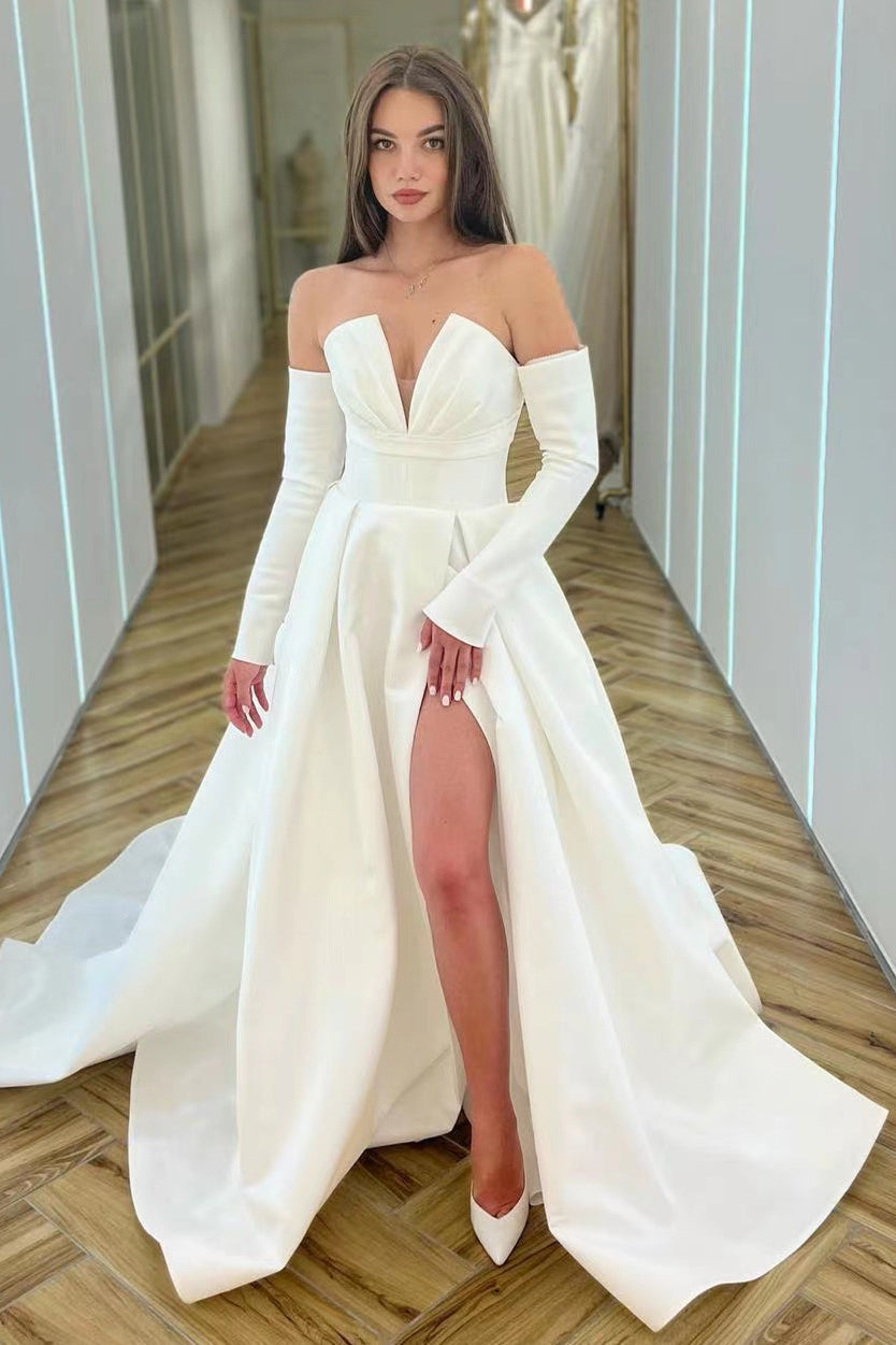 A-Line V-Neck Long Sleeved Prom Dress with Split - White-BallBride