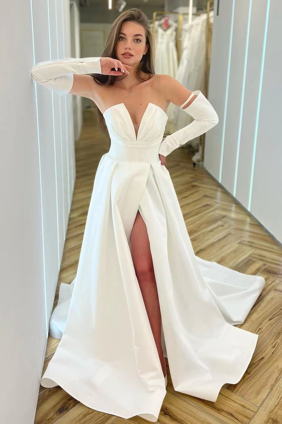 A-Line V-Neck Long Sleeved Prom Dress with Split - White A-Line V-Neck Long Sleeved Prom Dress with Split - White