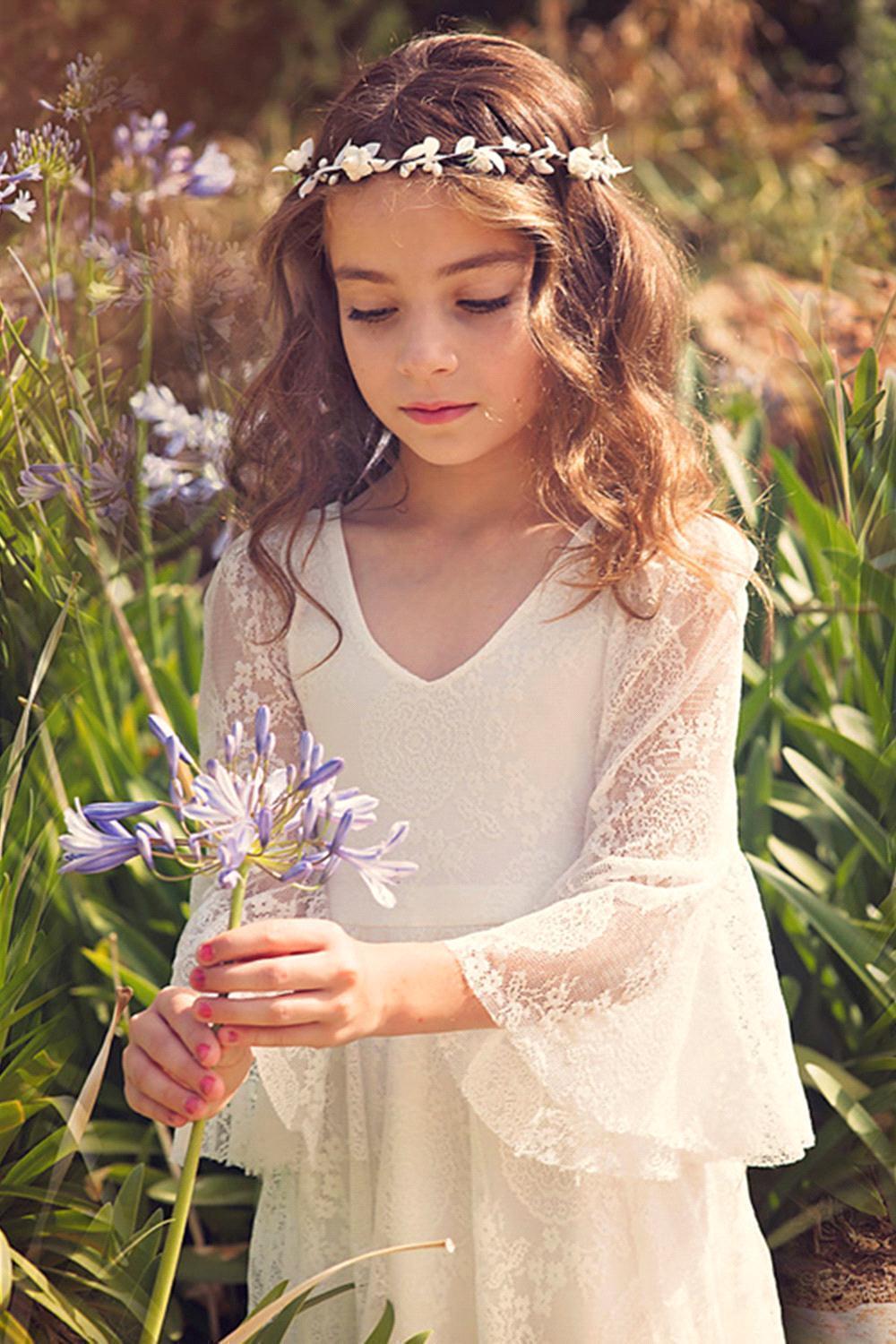 A-line V-neck Long Sleeves Flower Girl Dress with Lace Appliques-BallBride