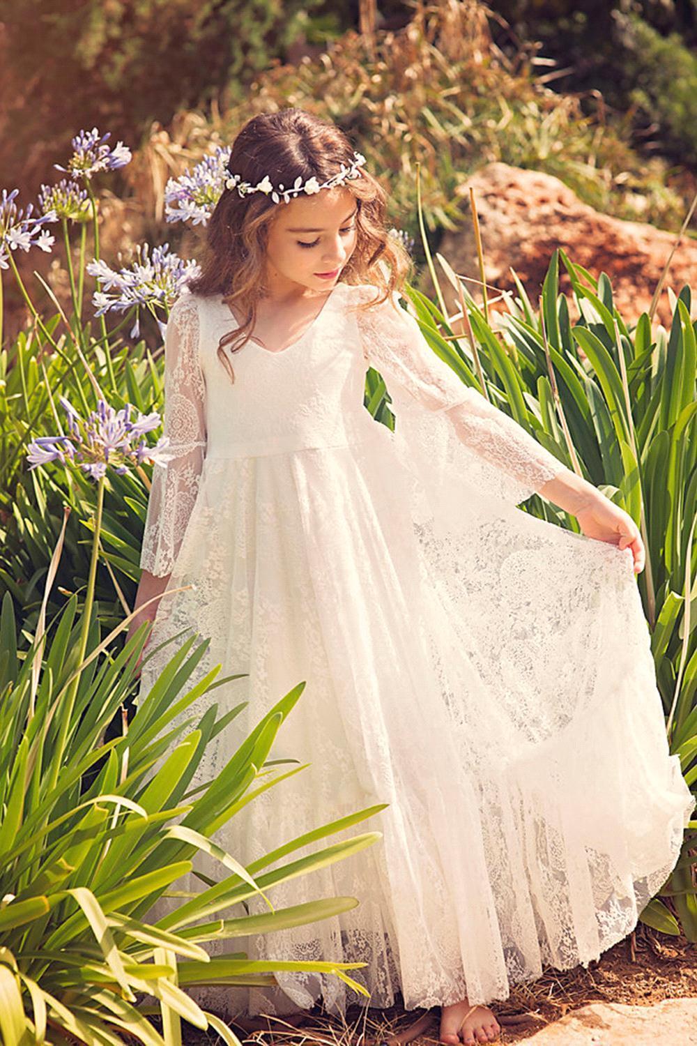 A-line V-neck Long Sleeves Flower Girl Dress with Lace Appliques-BallBride