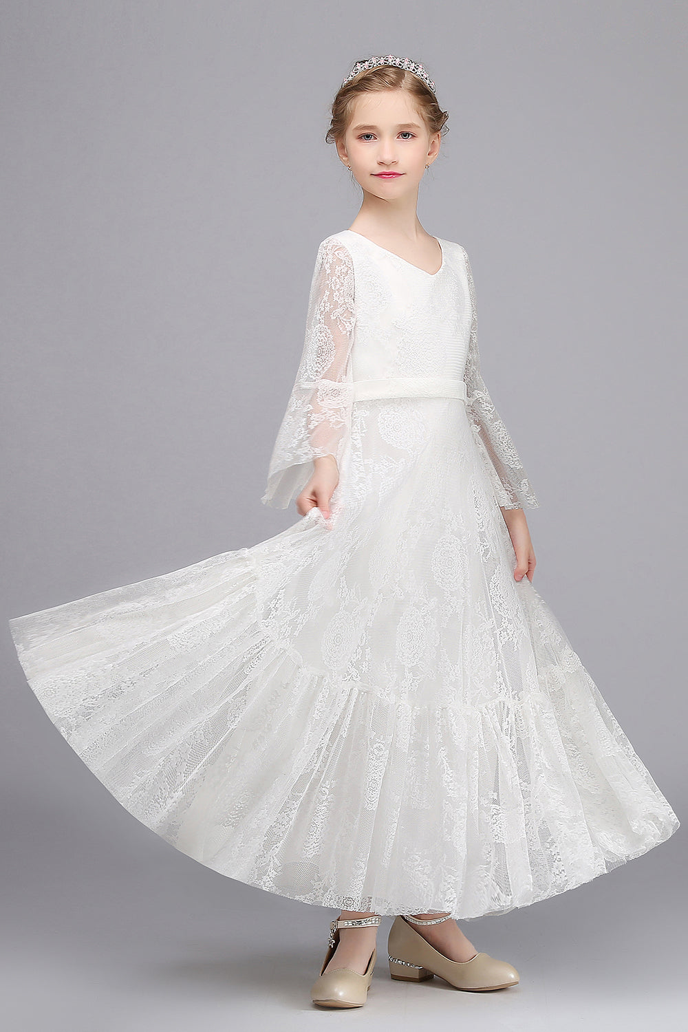 A-line V-neck Long Sleeves Flower Girl Dress with Lace Appliques-BallBride