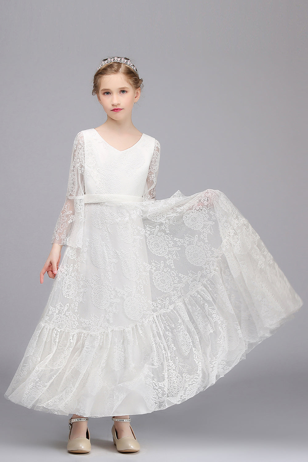 A-line V-neck Long Sleeves Flower Girl Dress with Lace Appliques-BallBride