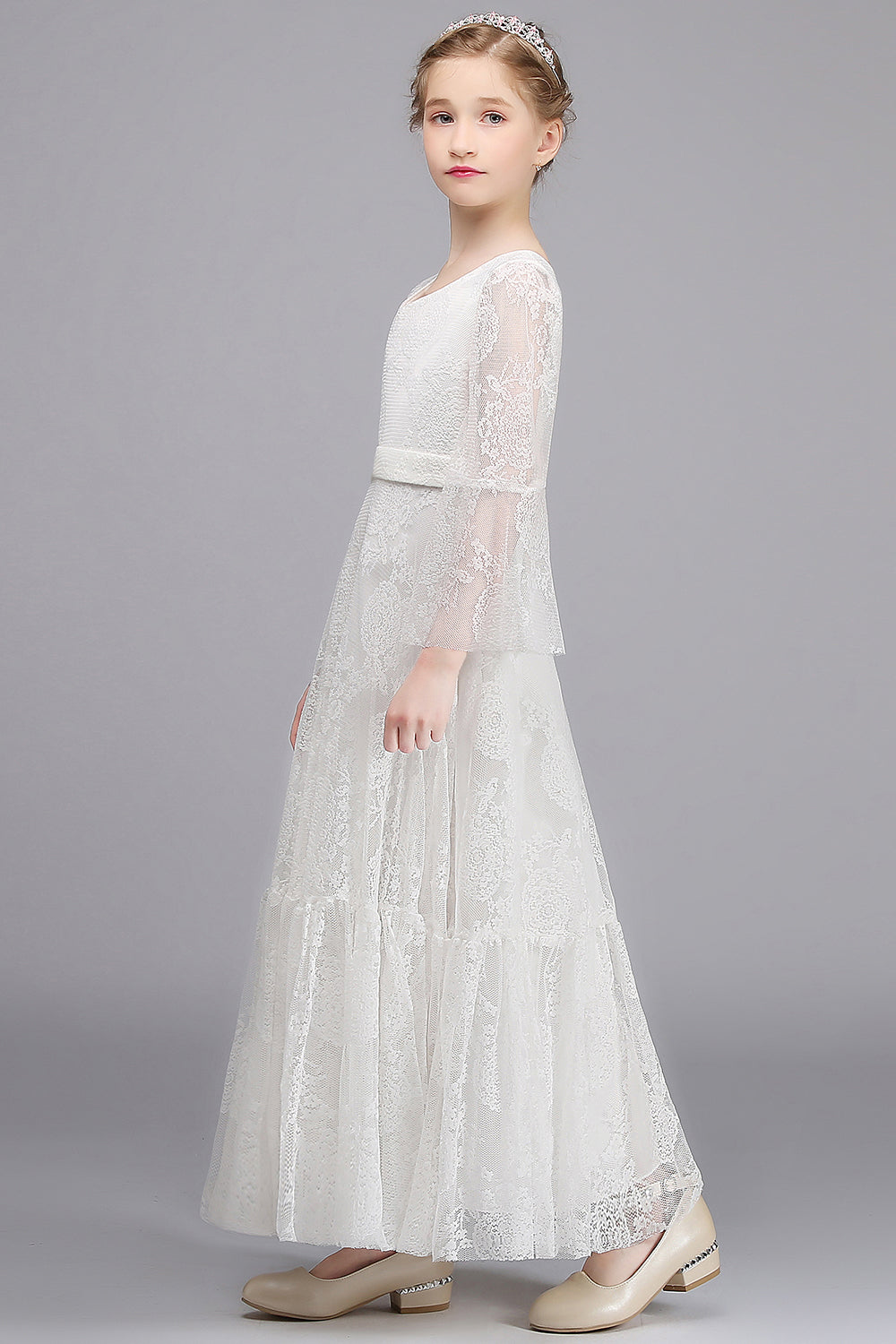 A-line V-neck Long Sleeves Flower Girl Dress with Lace Appliques-BallBride