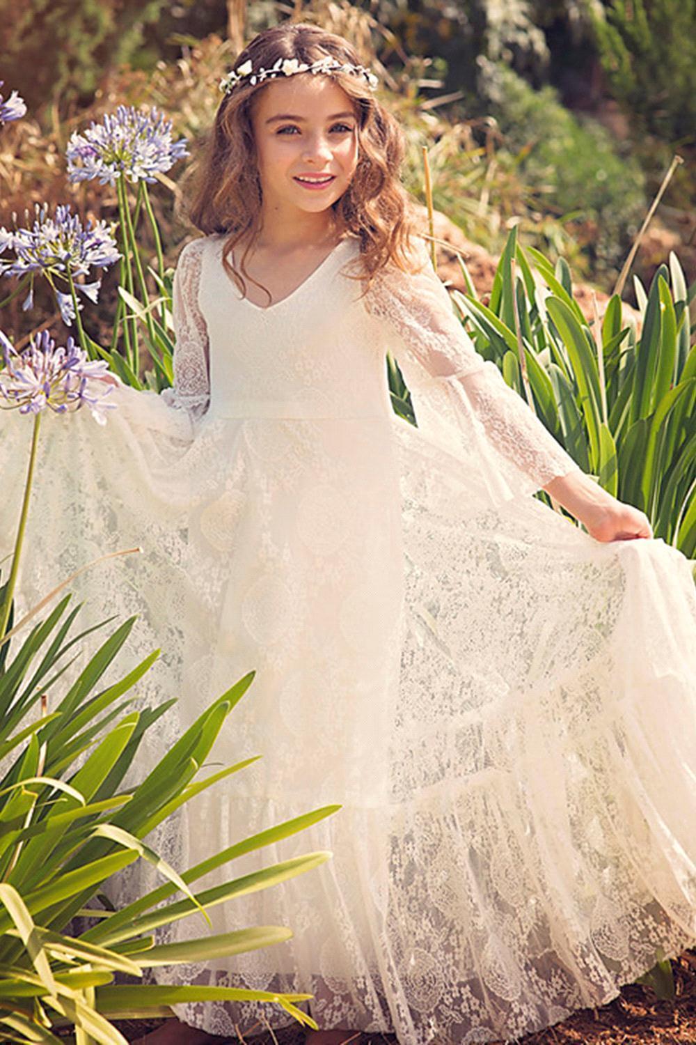 A-line V-neck Long Sleeves Flower Girl Dress with Lace Appliques-BallBride