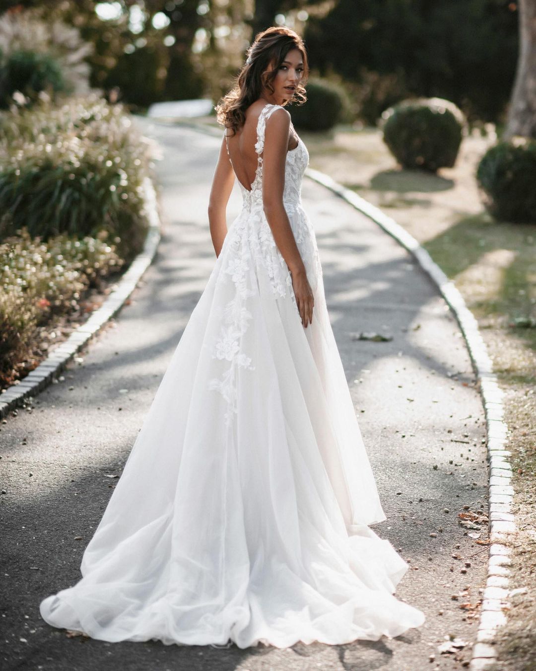 A-line V-neck Long Wedding Dress With Tulle Backless and Lace-BallBride